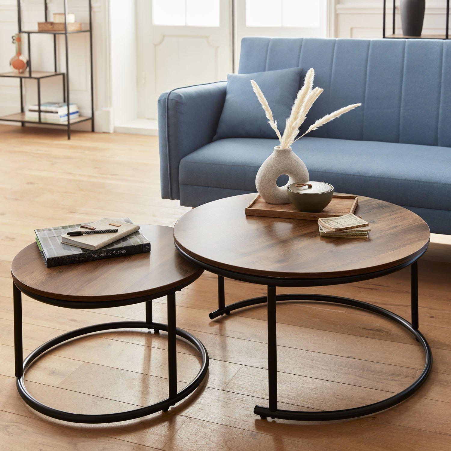 Pair Of Round Metal And Wood-effect Nesting Coffee Tables